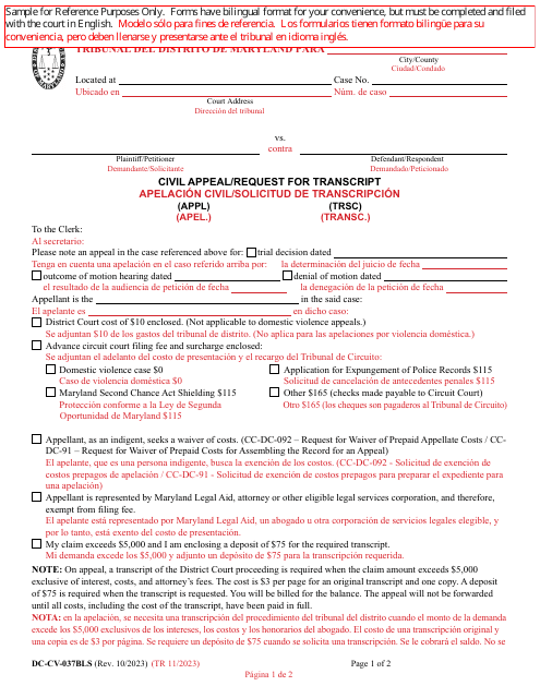 Form DC-CV-037BLS Civil Appeal/Request for Transcript - Maryland (English/Spanish)