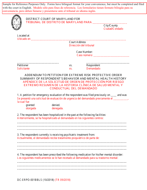 Form DC-ERPO-001BBLS Addendum to Petition for Extreme Risk Protective Order Summary of Respondent's Behavior and Mental Health History - Maryland (English/Spanish)