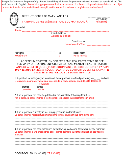 Form DC-ERPO-001BBLF Addendum to Petition for Extreme Risk Protective Order Summary of Respondent's Behavior and Mental Health History - Maryland (English/French)