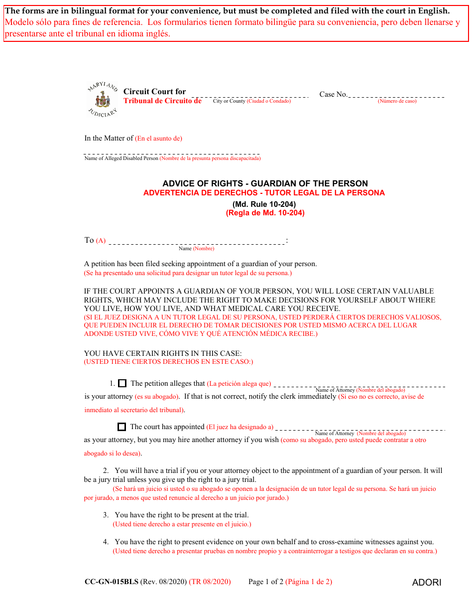 Form CC-GN-015BLS Advice of Rights - Guardian of the Person - Maryland (English / Spanish), Page 1