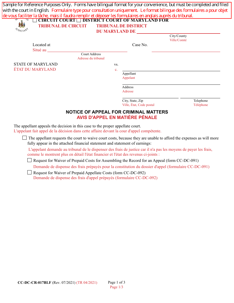 Form CC-DC-CR-017BLF Notice of Appeal for Criminal Matters - Maryland (English / French), Page 1