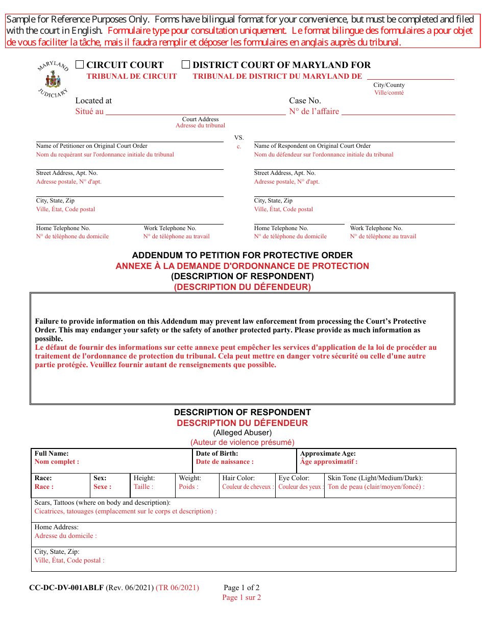 Form CC-DC-DV-001ABLF Addendum to Petition for Protective Order (Description of Respondent) - Maryland (English / French), Page 1