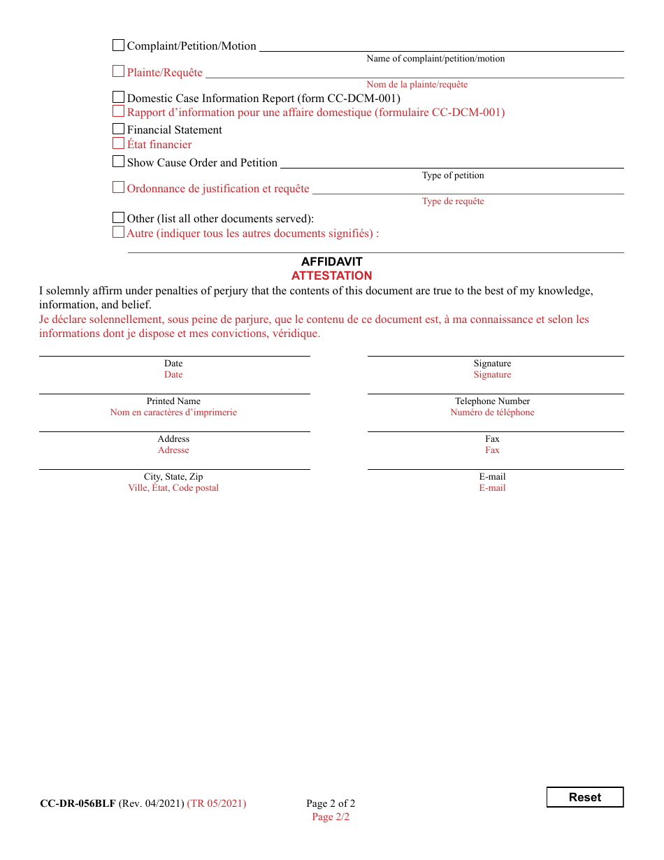 Form CC-DR-056BLF Affidavit of Service (Certified Mail Restricted Delivery - Receipt Requested) - Maryland (English / French), Page 2