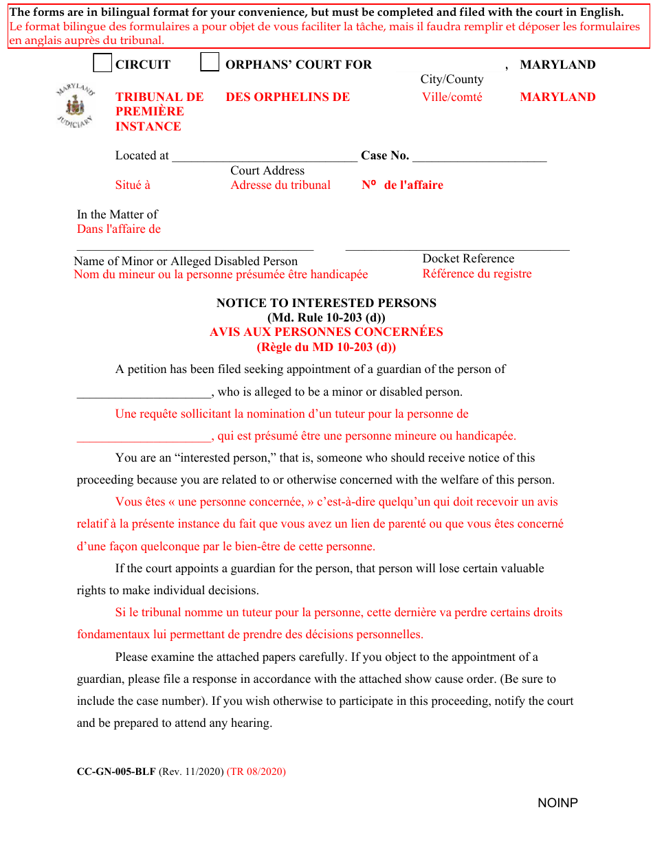 Form CC-GN-005-BLF Notice to Interested Persons - Maryland (English / French), Page 1