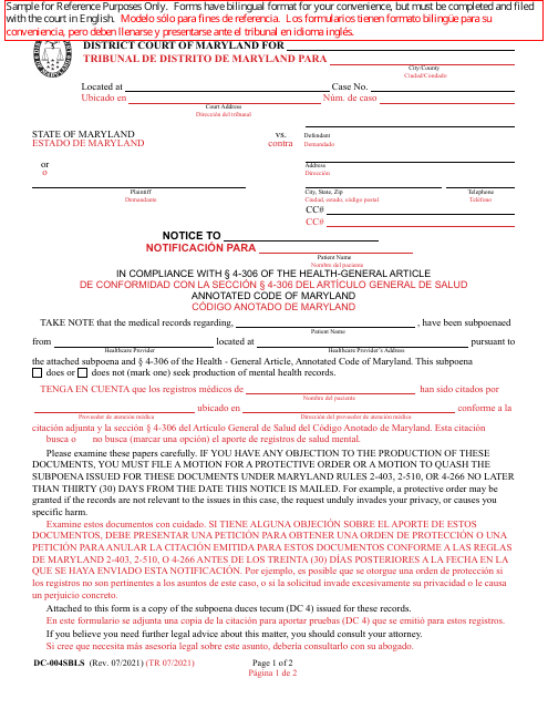 Form DC-004SBLS Notice of Intent to Subpoena Medical Records - Maryland (English/Spanish)