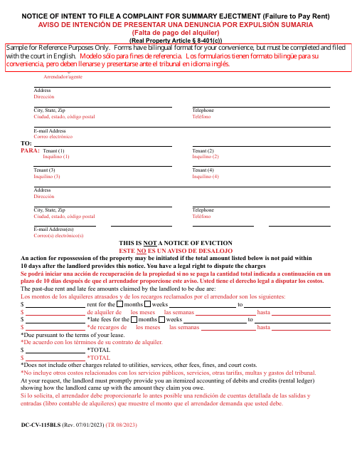 Form DC-CV-115BLS Notice of Intent to File a Complaint for Summary Ejectment (Failure to Pay Rent) - Maryland (English/Spanish)