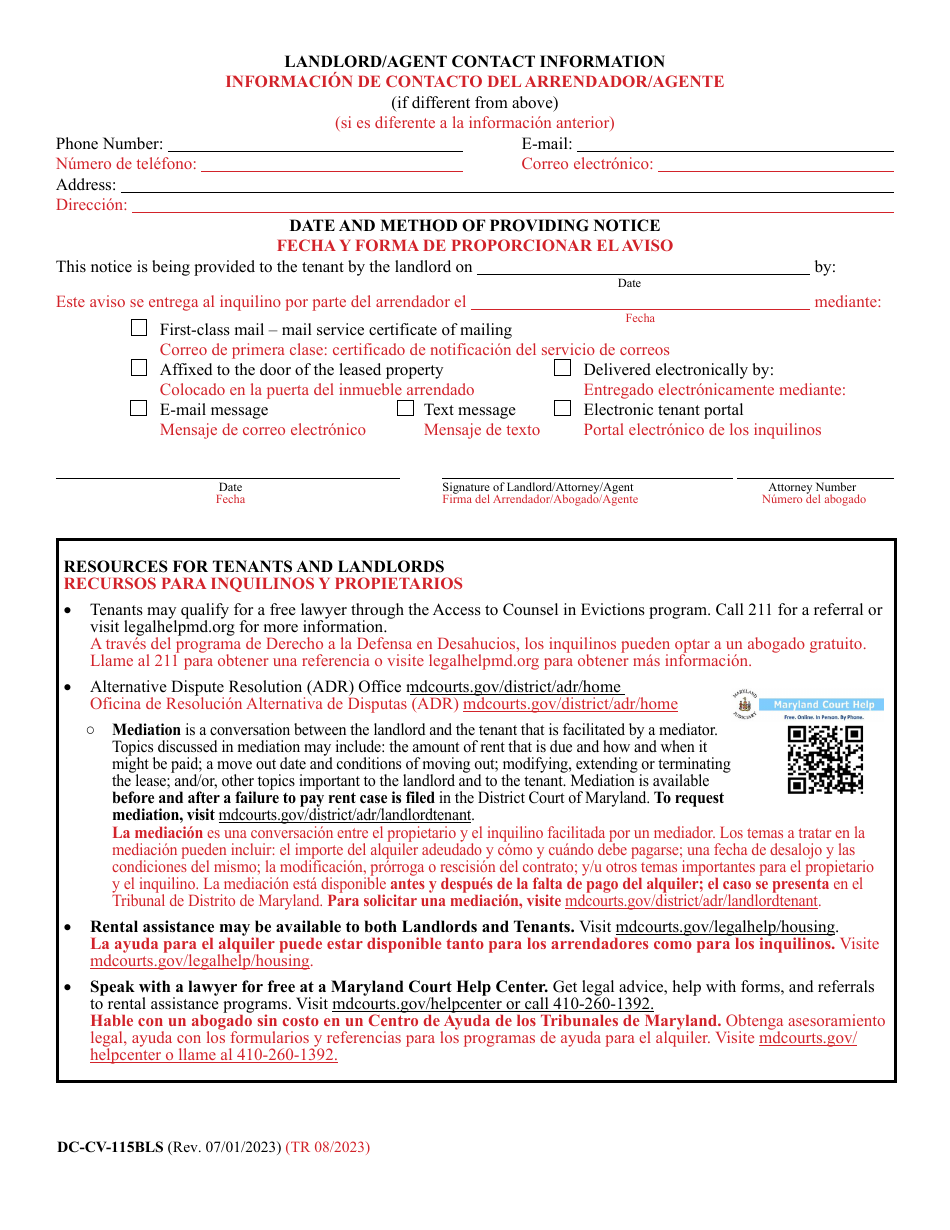 Form DC-CV-115BLS Notice of Intent to File a Complaint for Summary Ejectment (Failure to Pay Rent) - Maryland (English / Spanish), Page 2