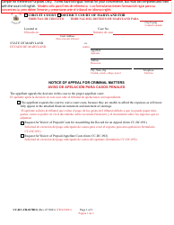 Document preview: Form CC-DC-CR-017BLS Notice of Appeal for Criminal Matters - Maryland (English/Spanish)
