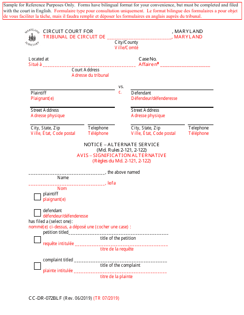 Form CC-DR-072BLF Notice - Alternate Service - Maryland (English/French)