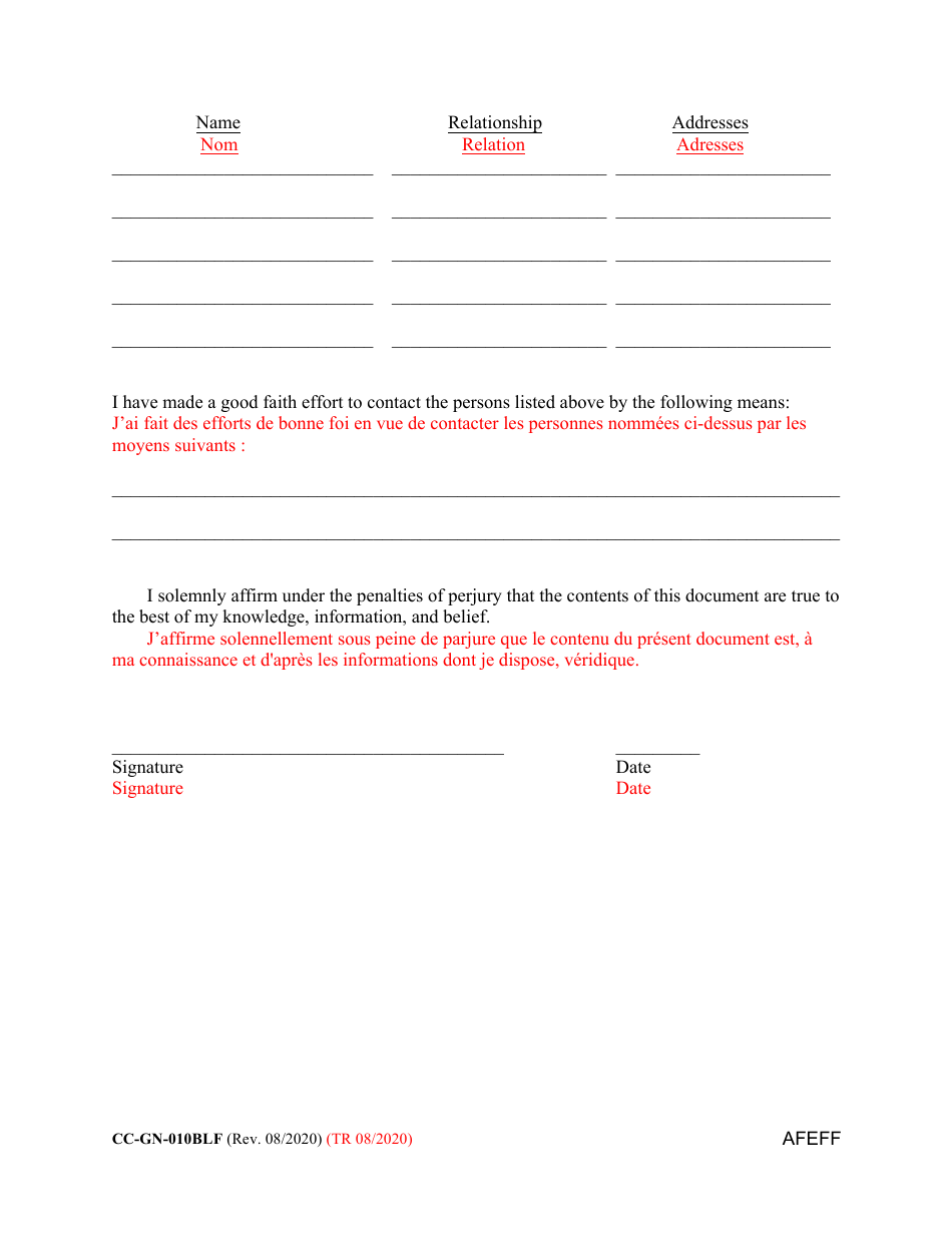 Form CC-GN-010BLF Affidavit of Attempts to Contact, Locate, and Identify Interested Persons - Maryland (English / French), Page 2