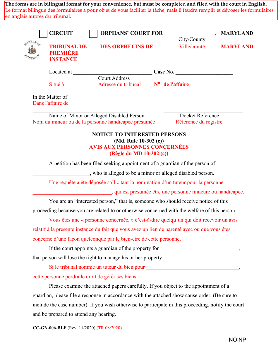 Form CC-GN-006-BLF Notice to Interested Persons - Maryland (English / French), Page 1
