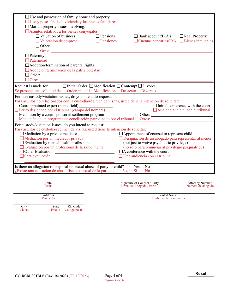 Form CC-DCM-001BLS Civil - Domestic Case Information Report - Maryland (English / Spanish), Page 4