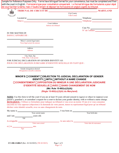 Form CC-DR-124BLF Minor's Consent/Objection to Judicial Declaration of Gender Identity With/Without a Name Change (Md. Rule 15-902(C)(3)(A)) - Maryland (English/French)