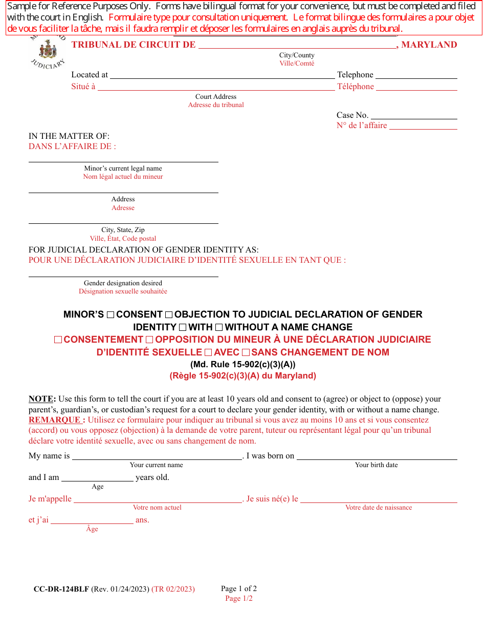 Form CC-DR-124BLF Minors Consent / Objection to Judicial Declaration of Gender Identity With / Without a Name Change (Md. Rule 15-902(C)(3)(A)) - Maryland (English / French), Page 1