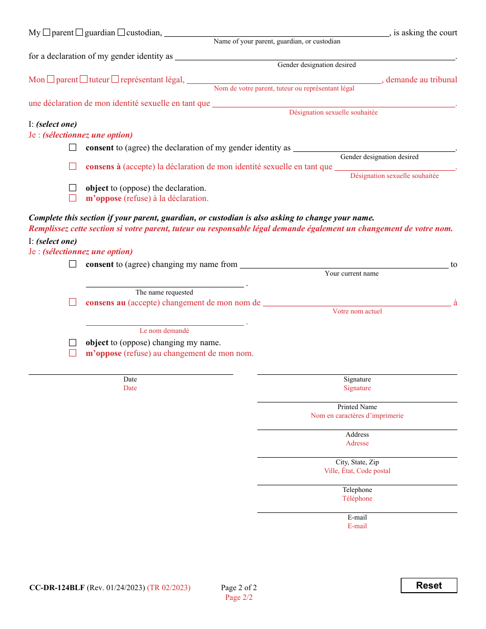 Form CC-DR-124BLF Minors Consent / Objection to Judicial Declaration of Gender Identity With / Without a Name Change (Md. Rule 15-902(C)(3)(A)) - Maryland (English / French), Page 2