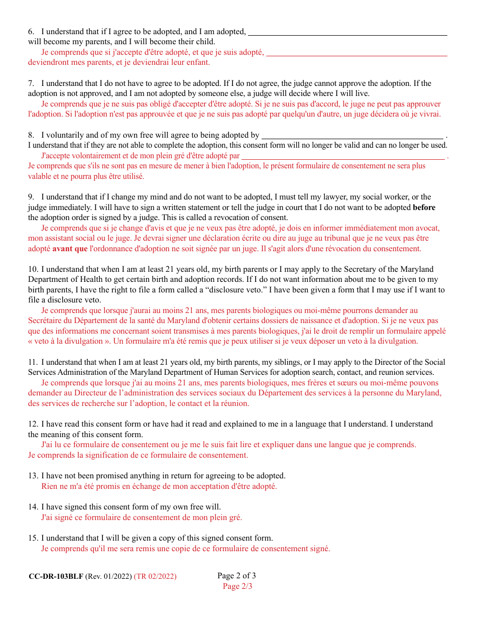 Form 9-102.5 (CC-DR-103BLF) Consent of Child to a Public Agency Adoption or Private Agency Adoption - Maryland (English / French), Page 2