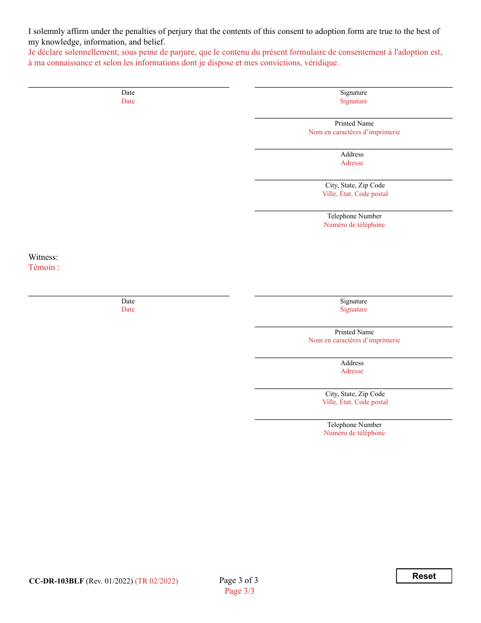 Form 9-102.5 (CC-DR-103BLF) Consent of Child to a Public Agency Adoption or Private Agency Adoption - Maryland (English / French), Page 3