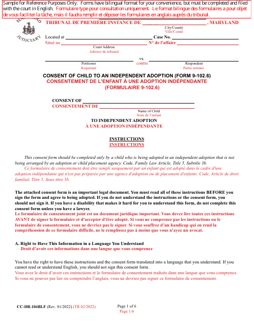 Form 9-102.6 (CC-DR-104BLF) Consent of Child to an Independent Adoption - Maryland (English/French)