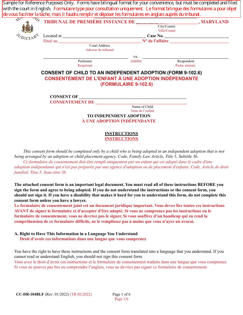 Form 9-102.6 (CC-DR-104BLF) Consent of Child to an Independent Adoption - Maryland (English / French), Page 1