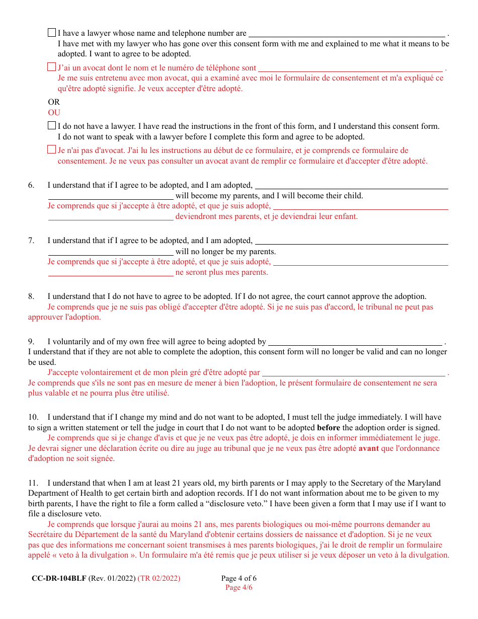 Form 9-102.6 (CC-DR-104BLF) Consent of Child to an Independent Adoption - Maryland (English / French), Page 4