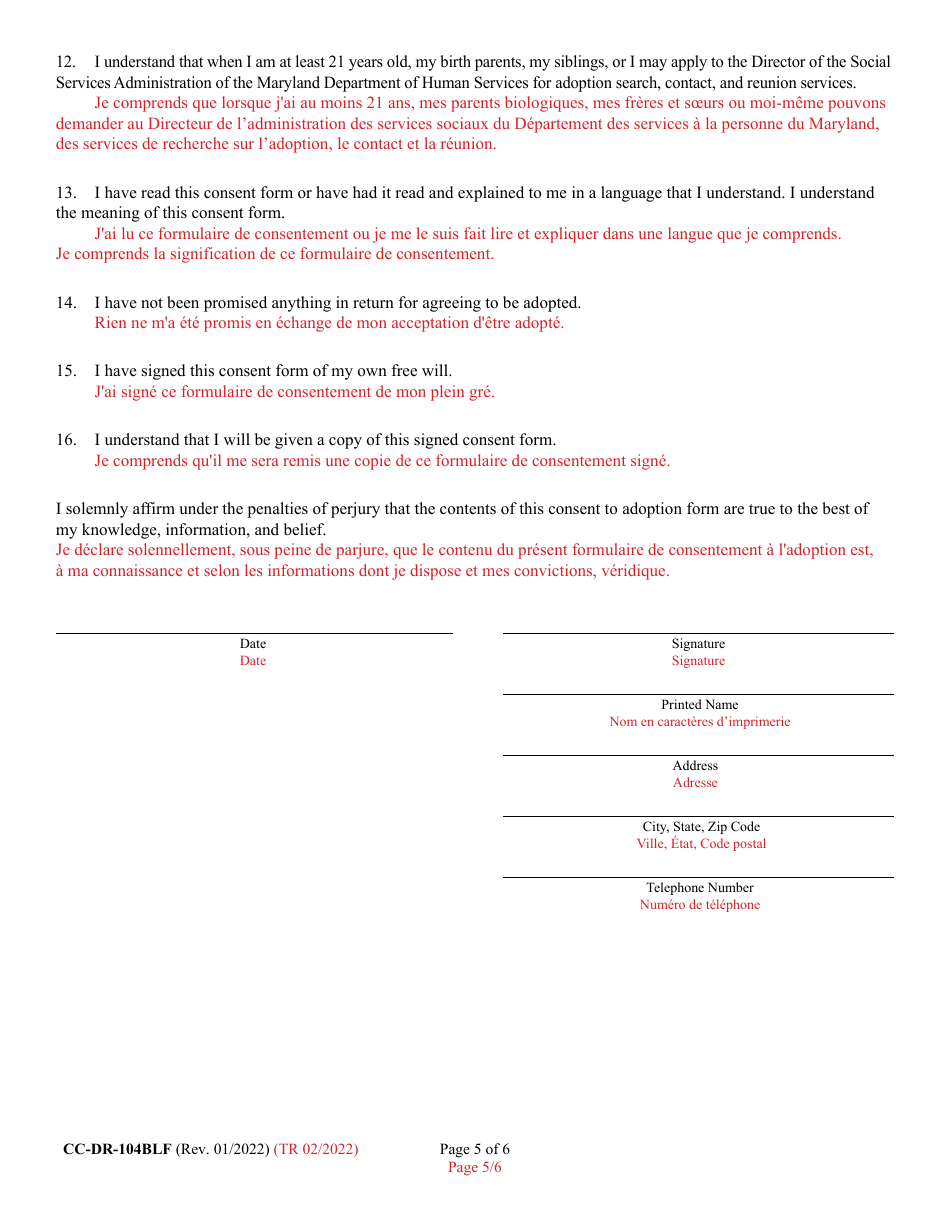 Form 9-102.6 (CC-DR-104BLF) Consent of Child to an Independent Adoption - Maryland (English / French), Page 5