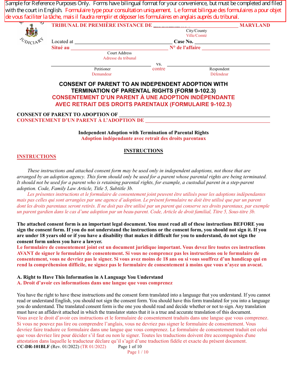 Form 9-102.3 (CC-DR-101BLF) Consent of Parent to an Independent Adoption With Termination of Parental Rights - Maryland (English / French), Page 1