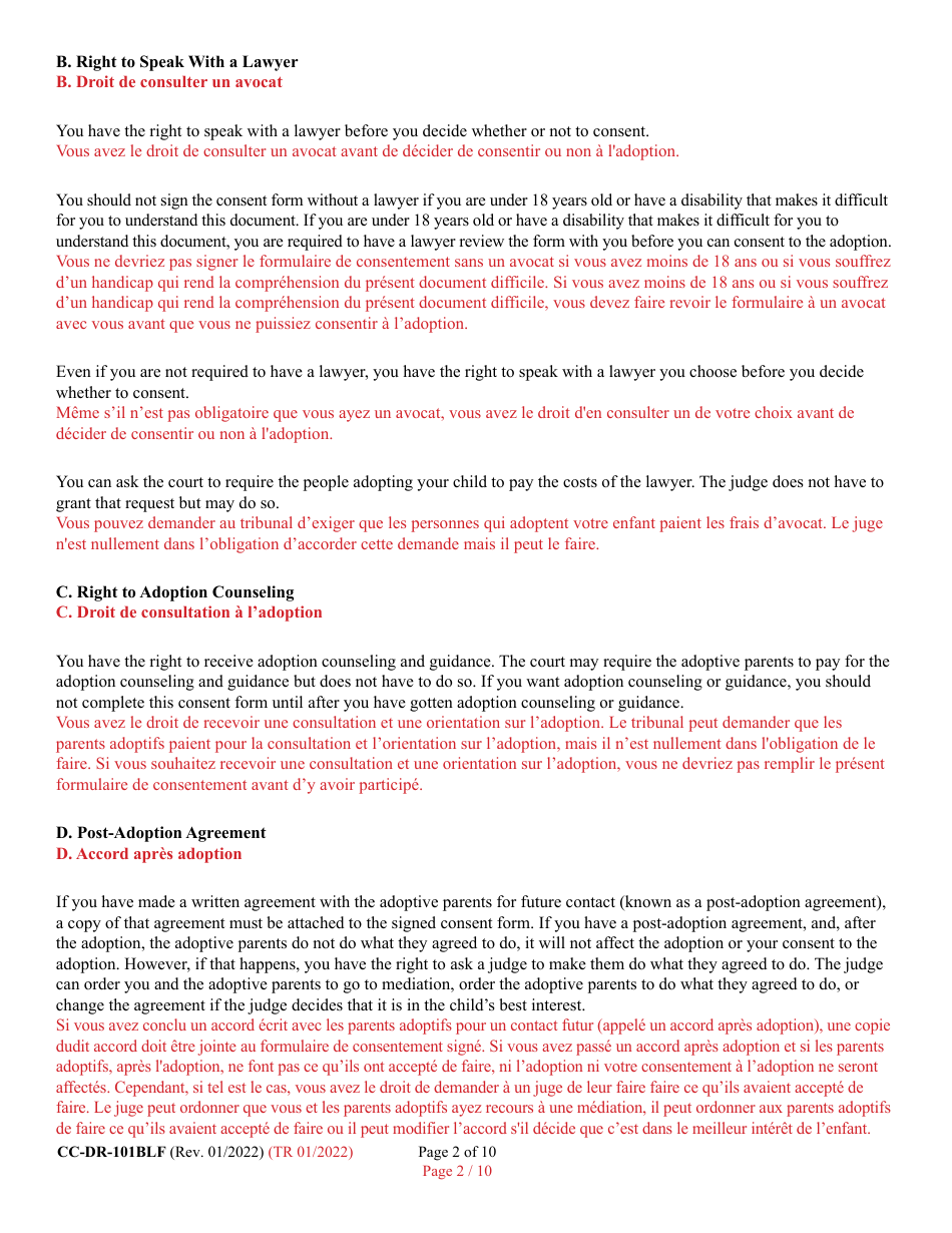 Form 9-102.3 (CC-DR-101BLF) Consent of Parent to an Independent Adoption With Termination of Parental Rights - Maryland (English / French), Page 2