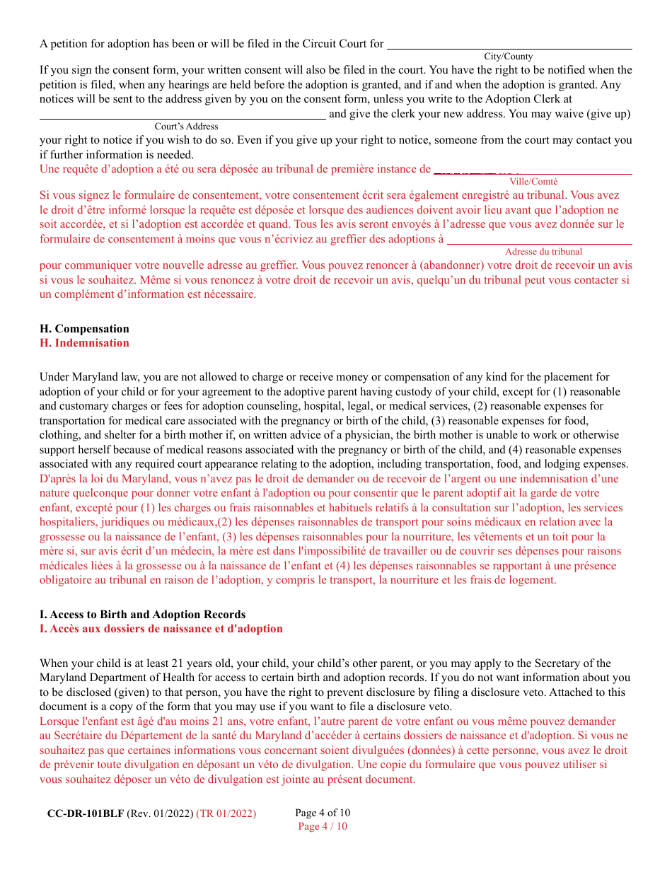 Form 9-102.3 (CC-DR-101BLF) Consent of Parent to an Independent Adoption With Termination of Parental Rights - Maryland (English / French), Page 4
