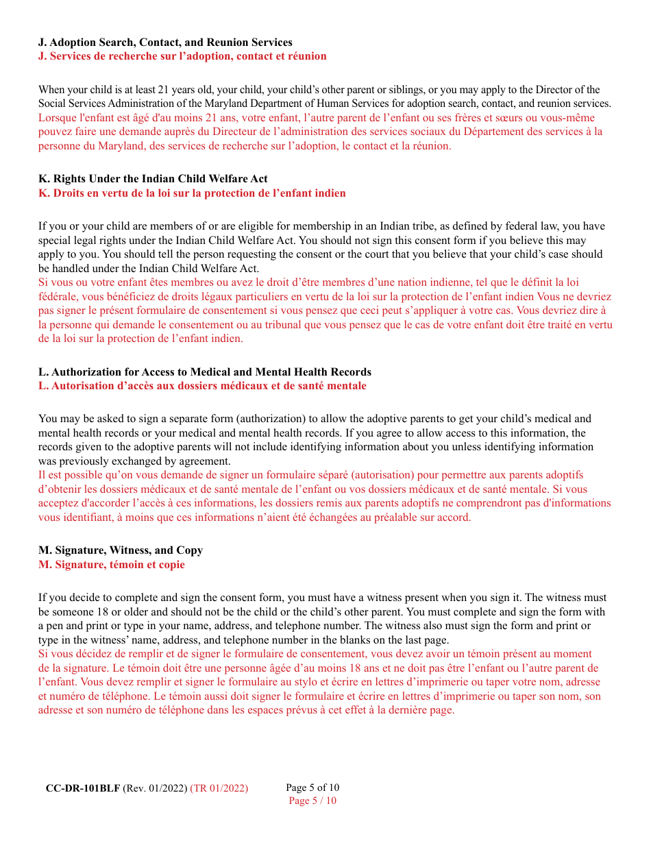 Form 9-102.3 (CC-DR-101BLF) Consent of Parent to an Independent Adoption With Termination of Parental Rights - Maryland (English / French), Page 5