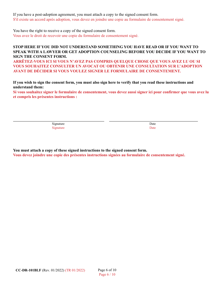 Form 9-102.3 (CC-DR-101BLF) Consent of Parent to an Independent Adoption With Termination of Parental Rights - Maryland (English / French), Page 6