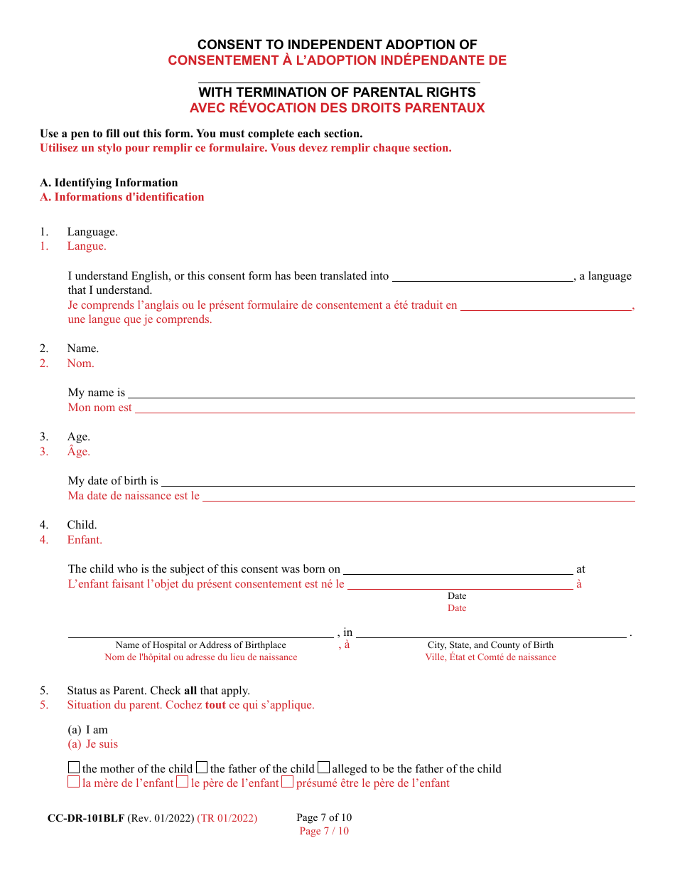 Form 9-102.3 (CC-DR-101BLF) Consent of Parent to an Independent Adoption With Termination of Parental Rights - Maryland (English / French), Page 7