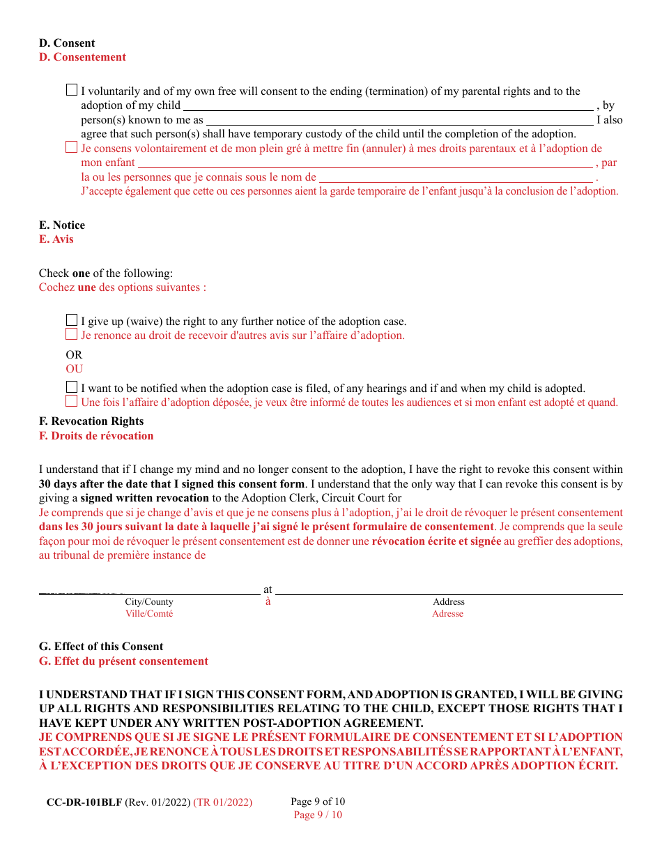 Form 9-102.3 (CC-DR-101BLF) Consent of Parent to an Independent Adoption With Termination of Parental Rights - Maryland (English / French), Page 9
