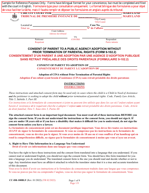 Form 9-102.2 (CC-DR-100BLF) Consent of Parent to a Public Agency Adoption Without Prior Termination of Parental Rights - Maryland (English/French)