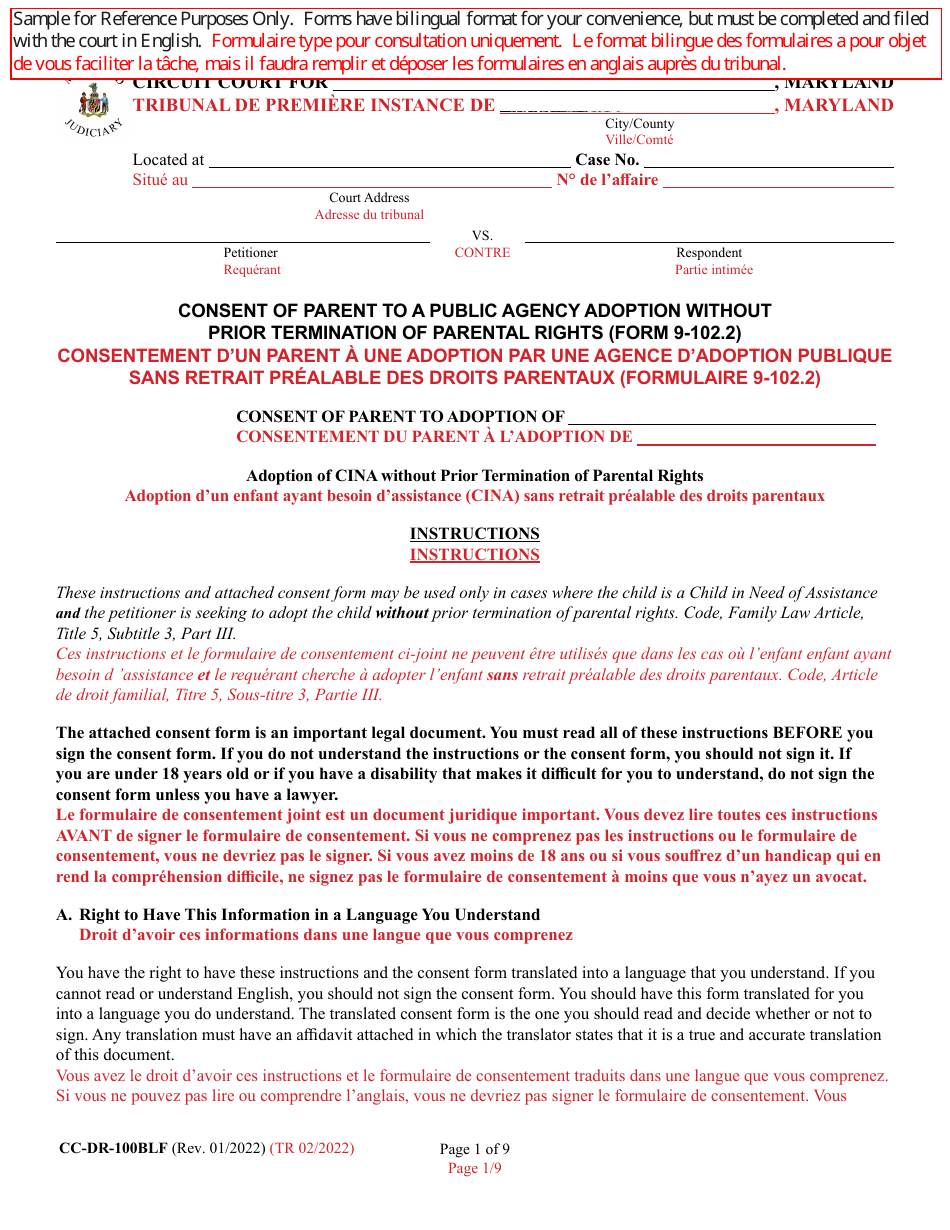 Form 9-102.2 (CC-DR-100BLF) Consent of Parent to a Public Agency Adoption Without Prior Termination of Parental Rights - Maryland (English / French), Page 1