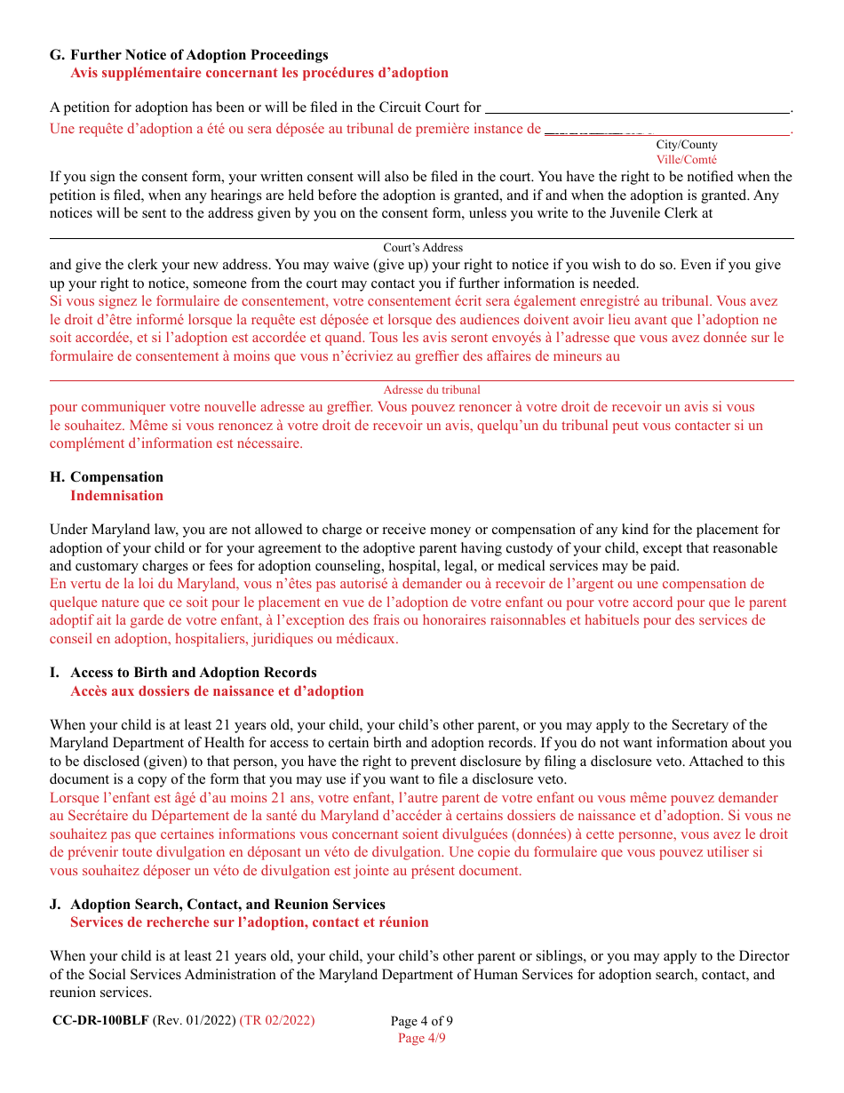 Form 9-102.2 (CC-DR-100BLF) Consent of Parent to a Public Agency Adoption Without Prior Termination of Parental Rights - Maryland (English / French), Page 4