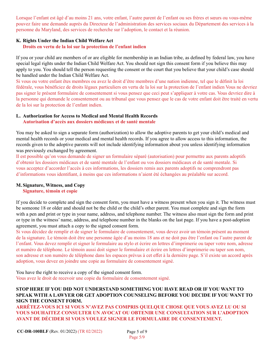 Form 9-102.2 (CC-DR-100BLF) Consent of Parent to a Public Agency Adoption Without Prior Termination of Parental Rights - Maryland (English / French), Page 5