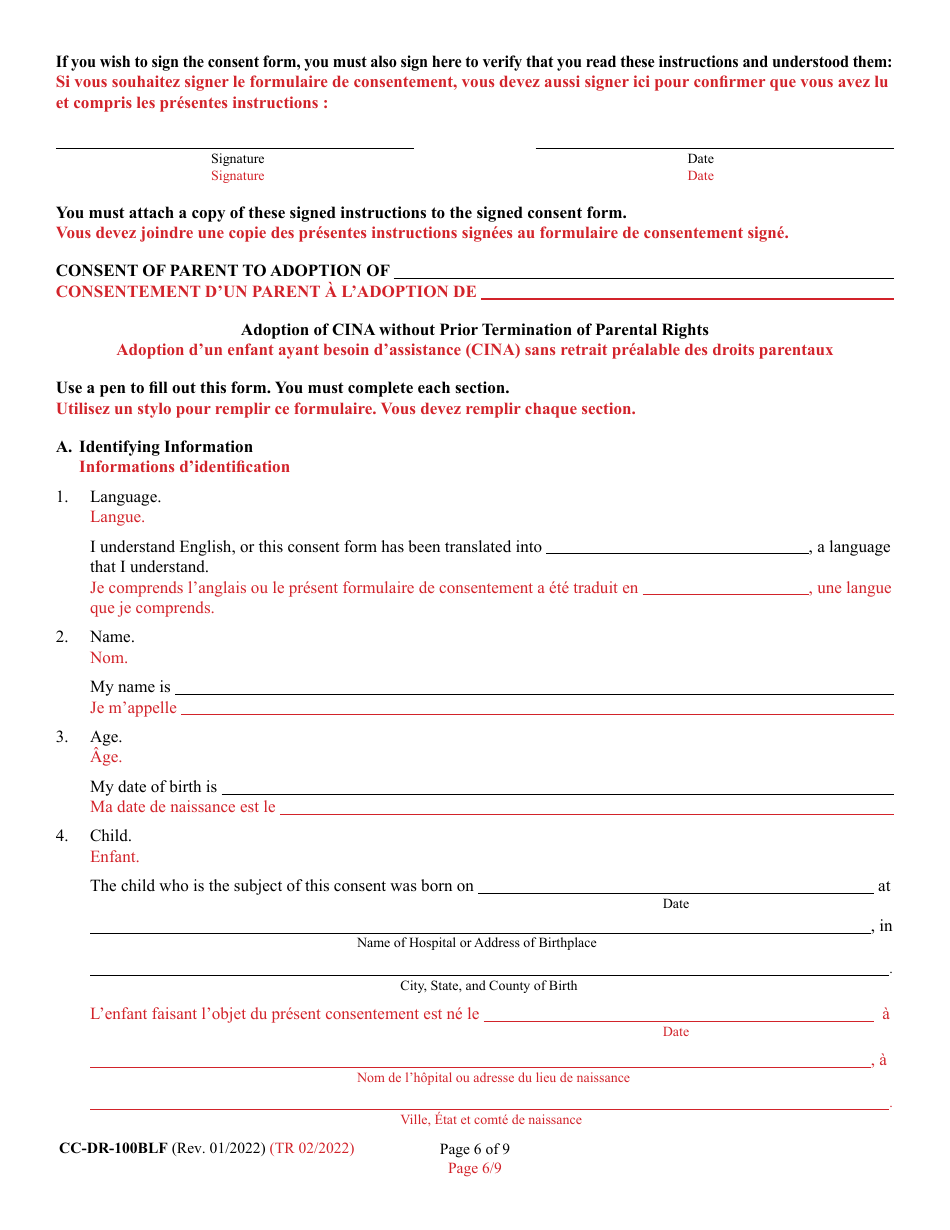 Form 9-102.2 (CC-DR-100BLF) Consent of Parent to a Public Agency Adoption Without Prior Termination of Parental Rights - Maryland (English / French), Page 6