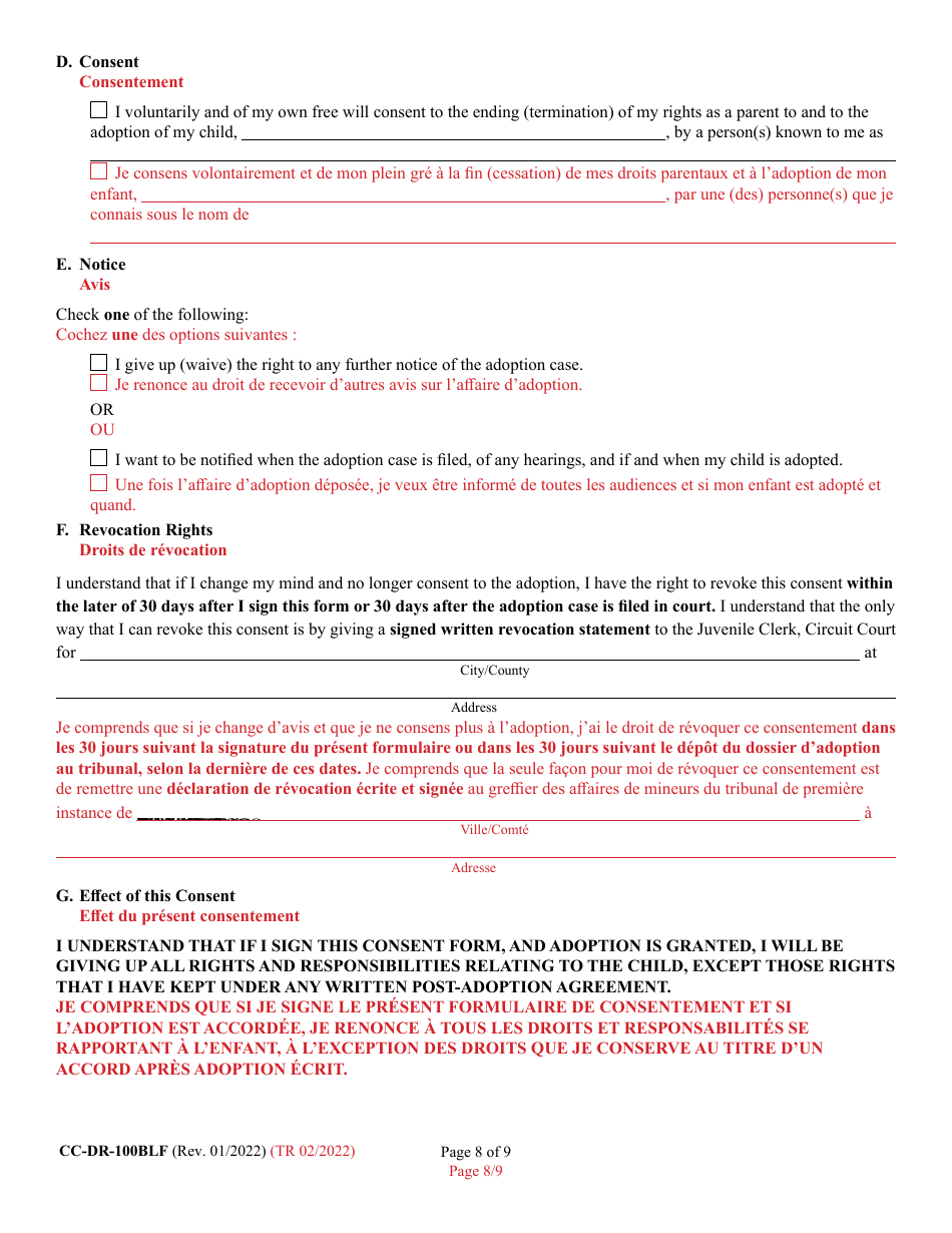 Form 9-102.2 (CC-DR-100BLF) Consent of Parent to a Public Agency Adoption Without Prior Termination of Parental Rights - Maryland (English / French), Page 8