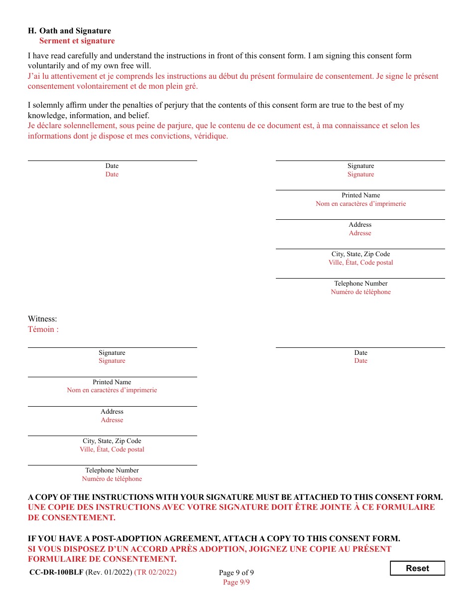 Form 9-102.2 (CC-DR-100BLF) Consent of Parent to a Public Agency Adoption Without Prior Termination of Parental Rights - Maryland (English / French), Page 9