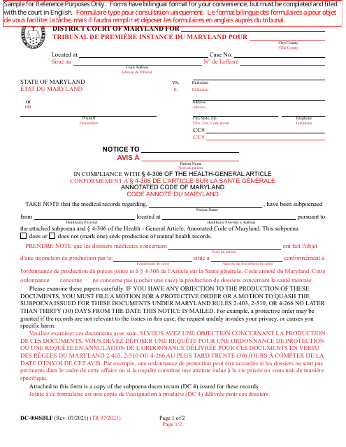 Form DC-004SBLF Notice of Intent to Subpoena Medical Records - Maryland (English/French)