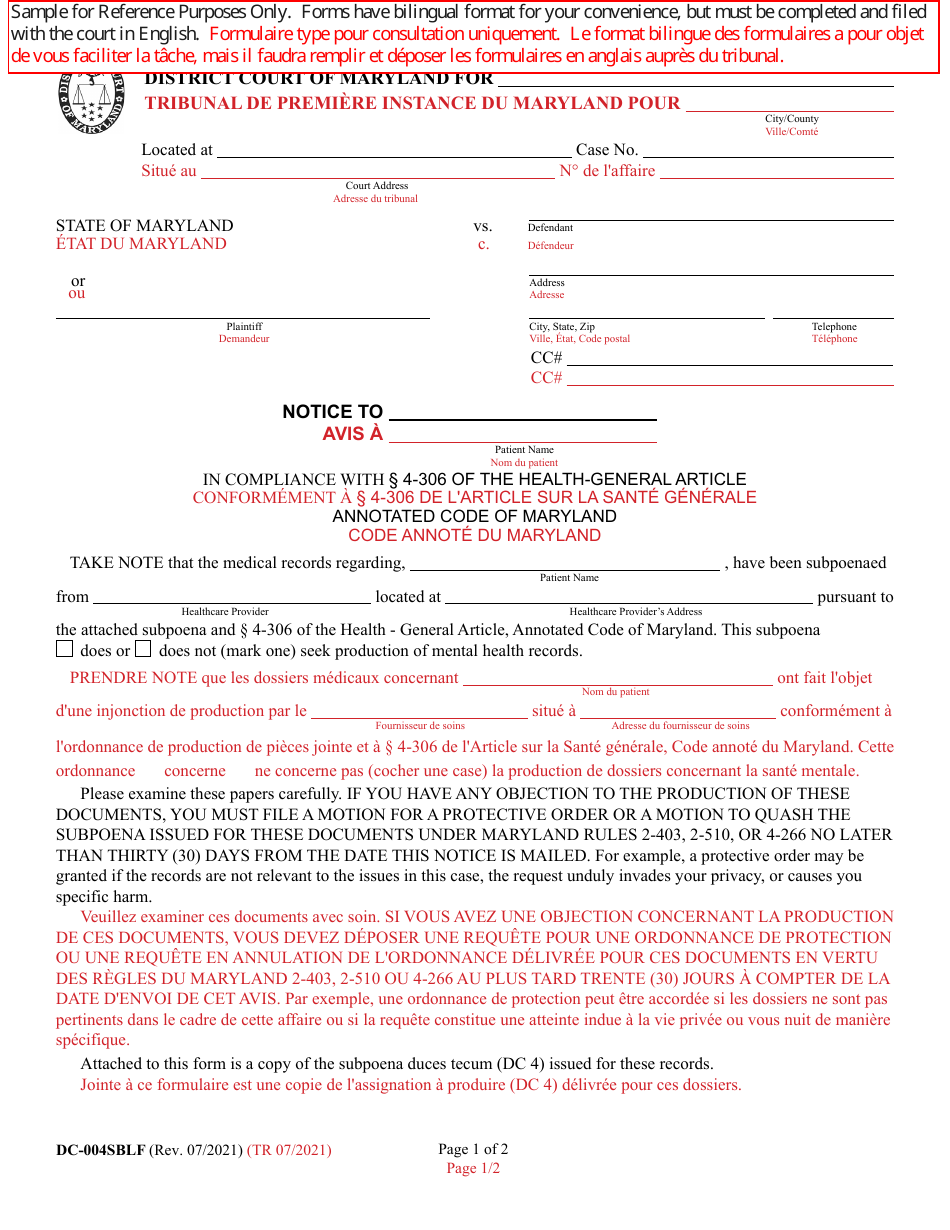 Form DC-004SBLF Notice of Intent to Subpoena Medical Records - Maryland (English / French), Page 1
