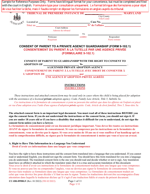Form 9-102.1 (CC-DR-099BLF) Consent of Parent to a Private Agency Guardianship - Maryland (English/French)