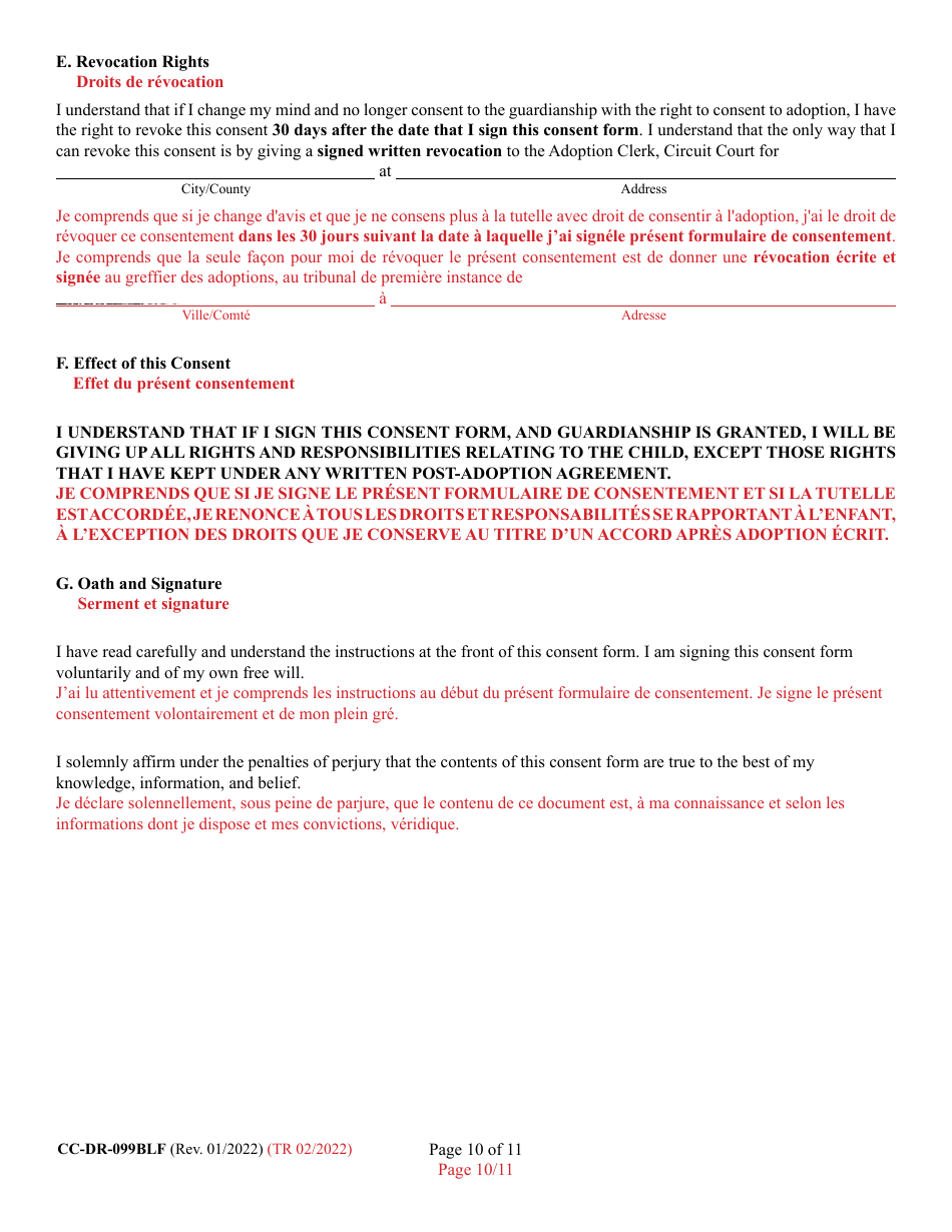 Form 9-102.1 (CC-DR-099BLF) Consent of Parent to a Private Agency Guardianship - Maryland (English / French), Page 10
