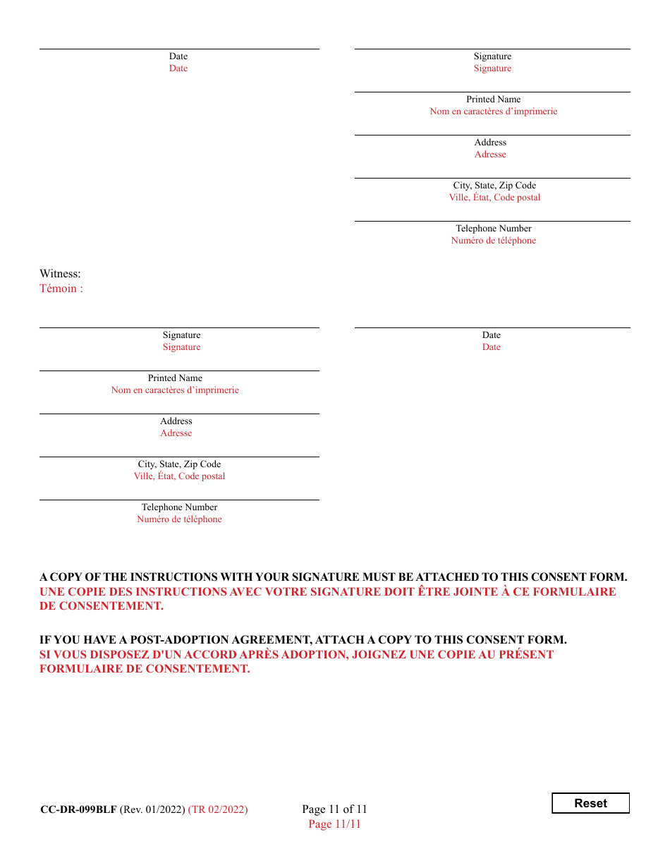 Form 9-102.1 (CC-DR-099BLF) Consent of Parent to a Private Agency Guardianship - Maryland (English / French), Page 11