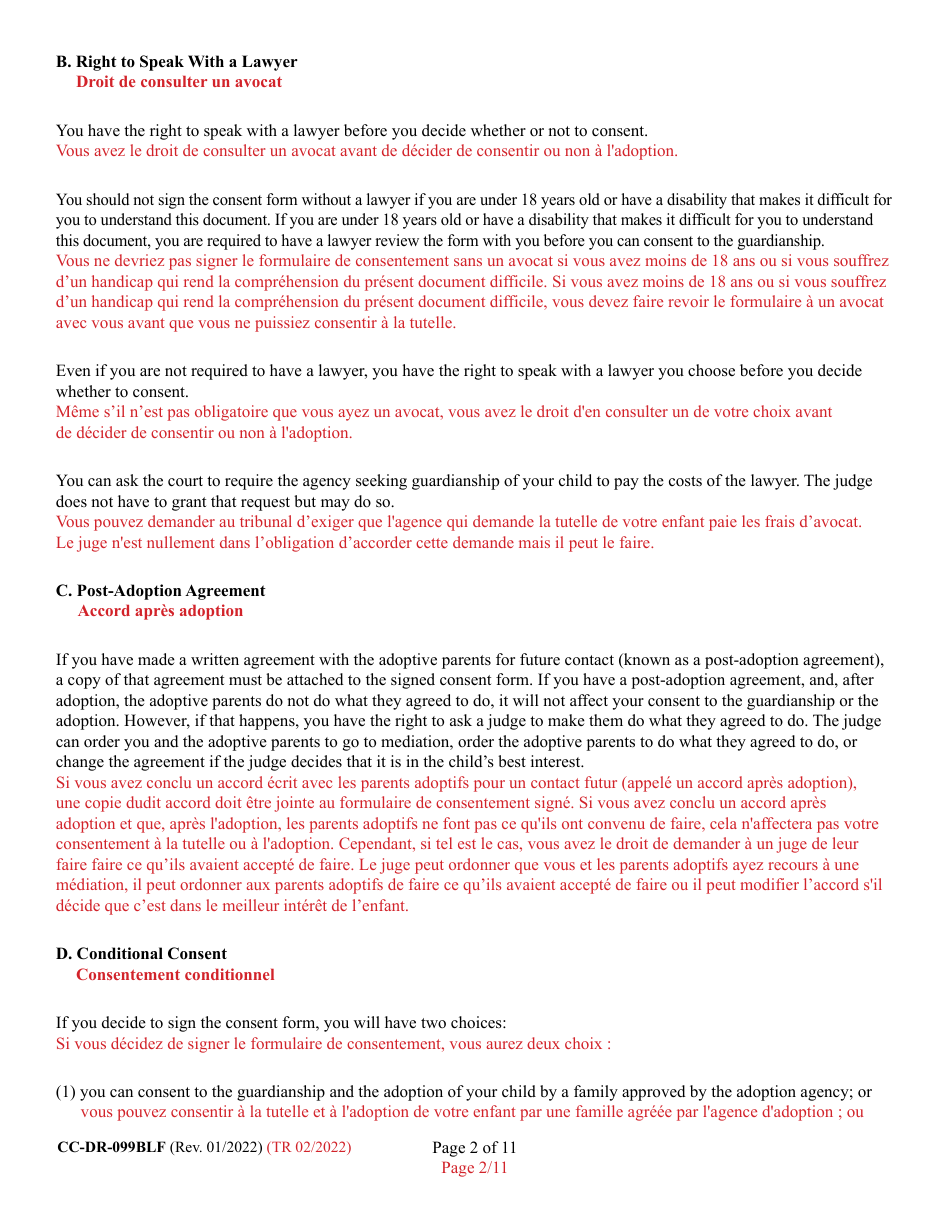 Form 9-102.1 (CC-DR-099BLF) Consent of Parent to a Private Agency Guardianship - Maryland (English / French), Page 2