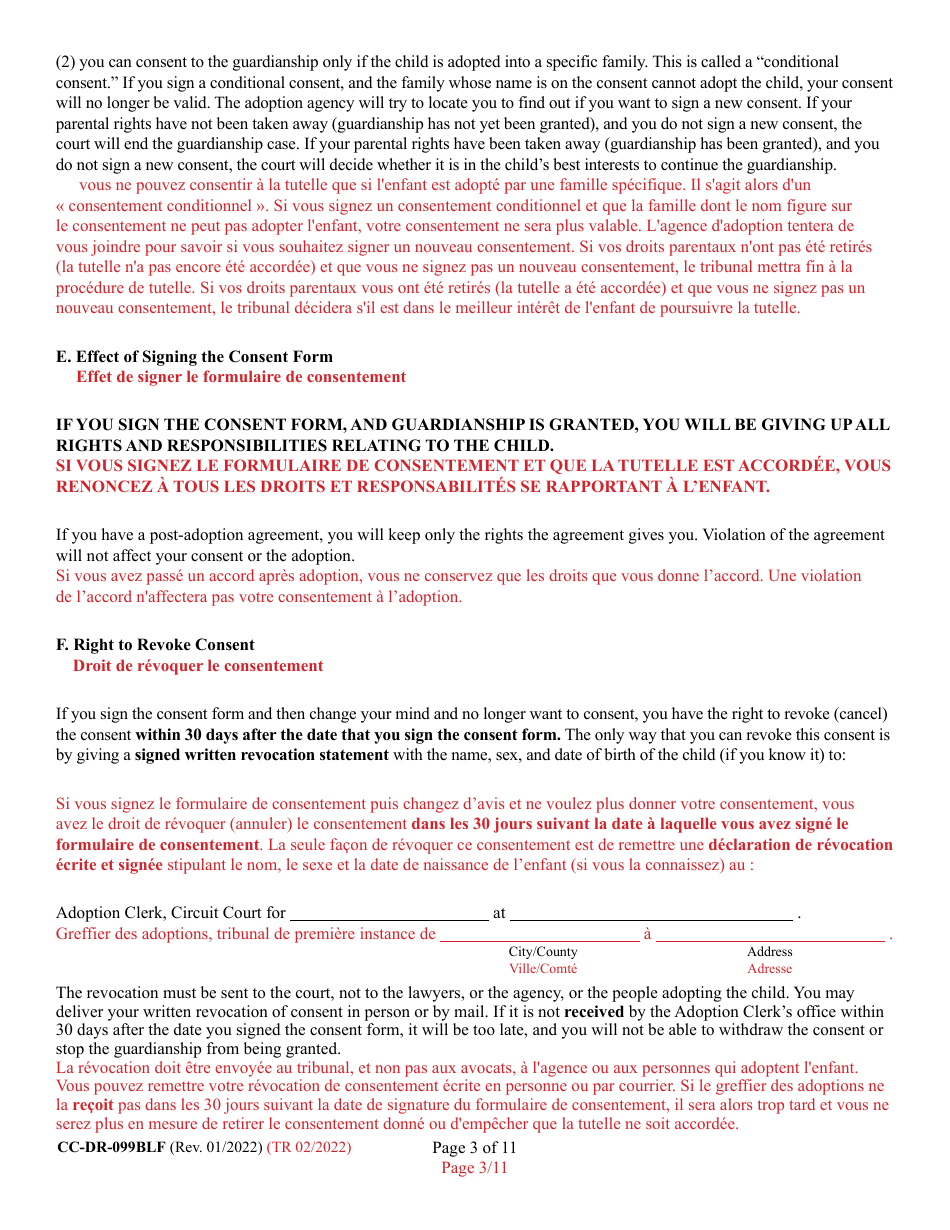 Form 9-102.1 (CC-DR-099BLF) Consent of Parent to a Private Agency Guardianship - Maryland (English / French), Page 3