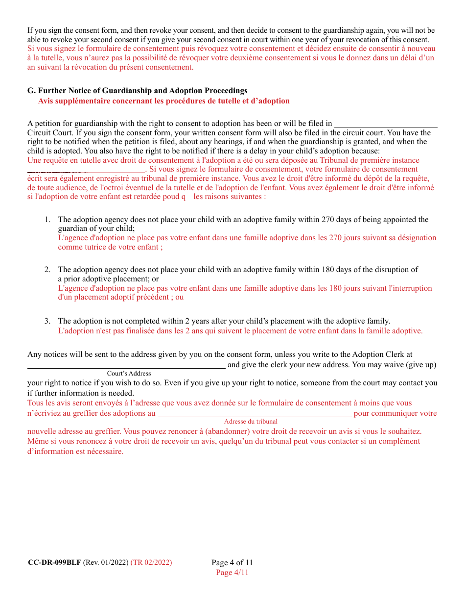 Form 9-102.1 (CC-DR-099BLF) Consent of Parent to a Private Agency Guardianship - Maryland (English / French), Page 4