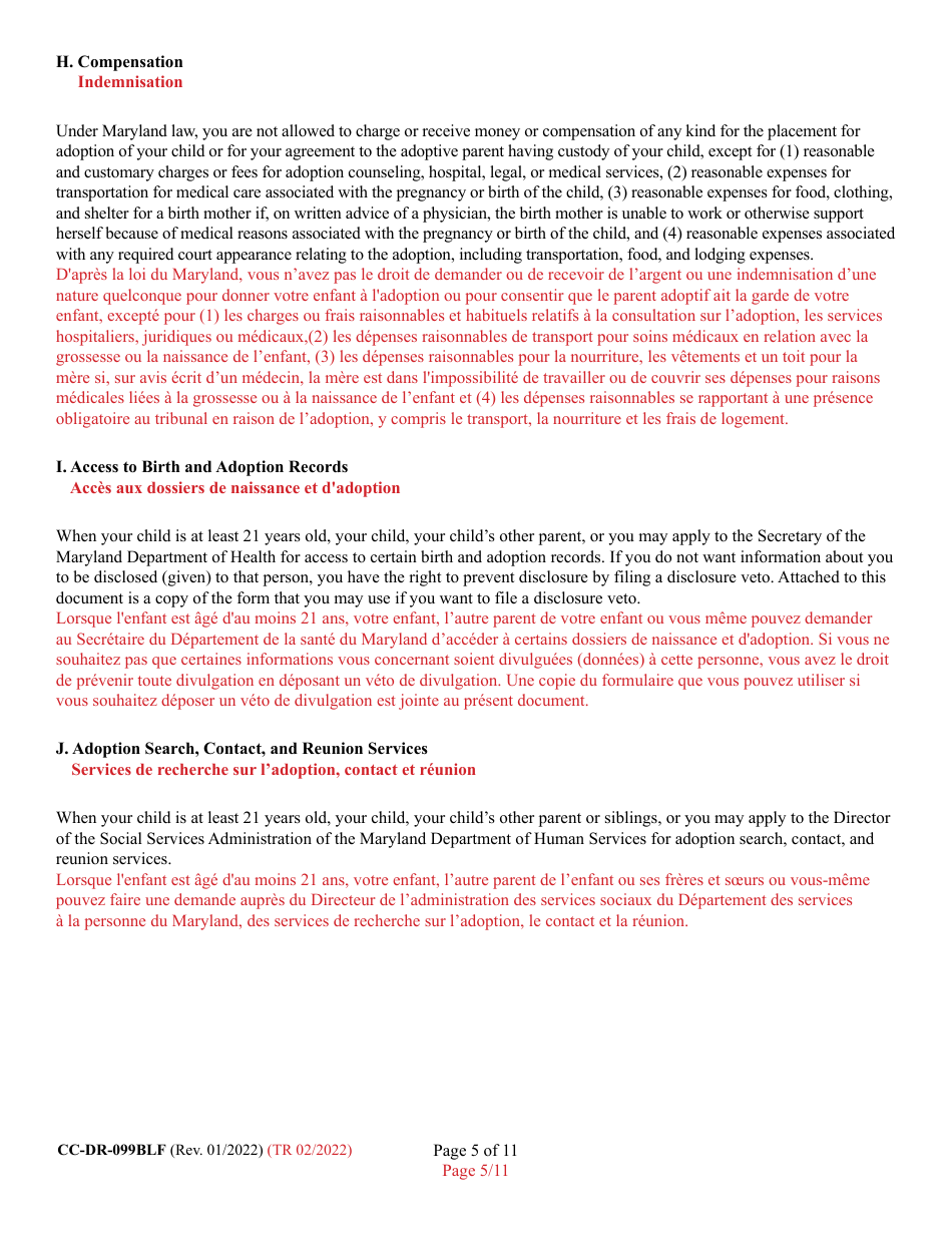 Form 9-102.1 (CC-DR-099BLF) Consent of Parent to a Private Agency Guardianship - Maryland (English / French), Page 5