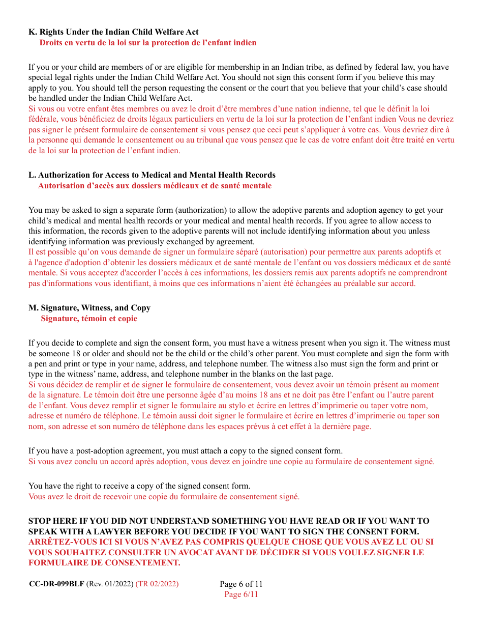 Form 9-102.1 (CC-DR-099BLF) Consent of Parent to a Private Agency Guardianship - Maryland (English / French), Page 6