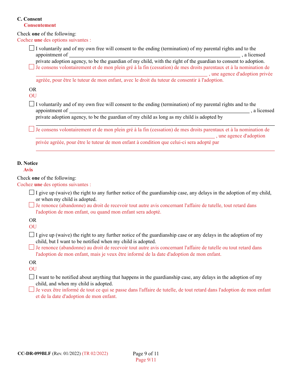 Form 9-102.1 (CC-DR-099BLF) Consent of Parent to a Private Agency Guardianship - Maryland (English / French), Page 9
